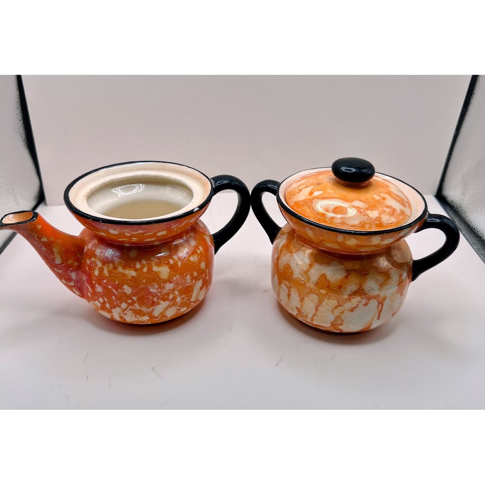 Vintage Czechoslovakia Orange Spatterware Creamer Sugar Bowl Set Art Deco